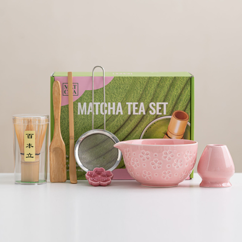 Amazon cross-border cherry blossom matcha bowl set, matcha whisk, tea bowl, mixer, tea whisk stand set