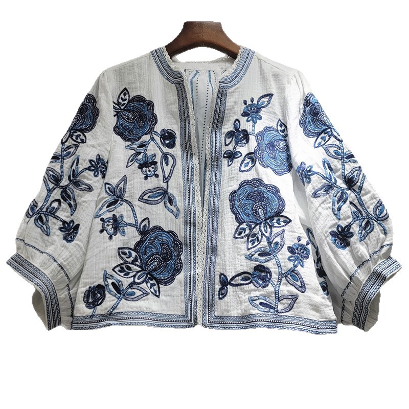Blusa con Bordado 3D y Mangas Abombadas de Algodón y Poliéster
