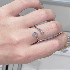 甜心粉色閃耀玫瑰花戒指女款ins輕奢小眾設計高級感食指戒可調節