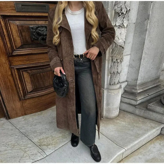 European and American Cross-border 2024 Autumn Women's Trenchcoat Elegant khaki Faux Leather Double-breasted Lapel Coat