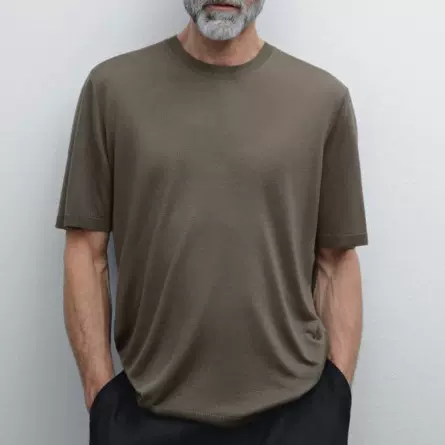 外贸客制高级感老钱休闲风圆领套头男士高端美利奴羊毛短袖毛衣