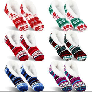 Women slippers socks, indoor floor non-slip warm socks, woven and velvet soft christmas thick indoor socks