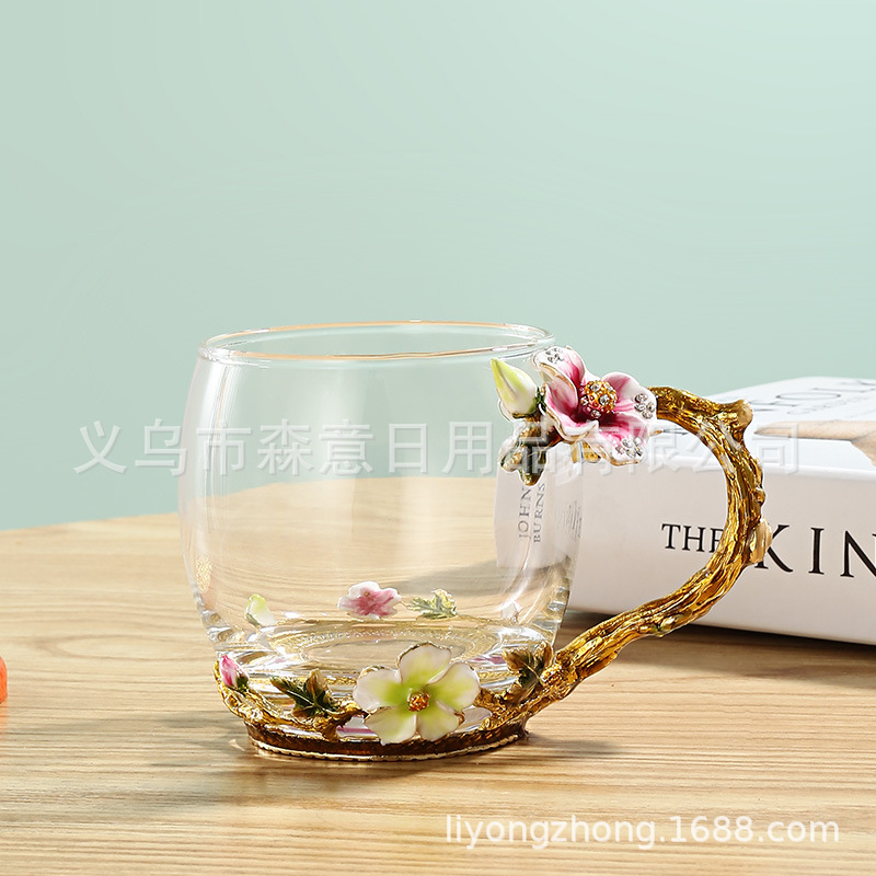 Esmalte taza de agua de color flor creativa taza de té taza de jugo taza de vidrio de cristal resistente al calor taza de café taza de pareja de gama alta regalo de la taza