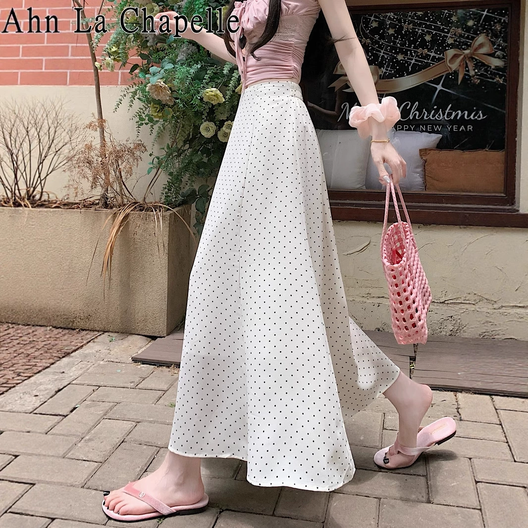 Белая юбка из ледяного шелка в горошек для женщин, летняя эластичная талия с высокой талией, тонкая повседневная драпированная длинная юбка трапециевидной формы