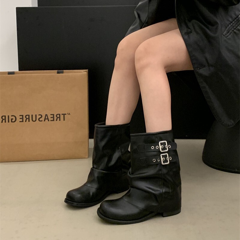 褶皱堆堆靴女2025年新款黑色美拉德中筒靴女西部靴机车马丁靴|undefined