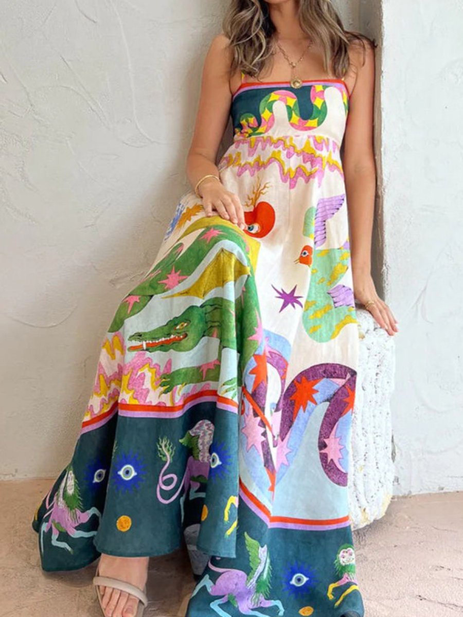 Polyester Fabric Type Wholesale Women's Vacation Printing Animal Eye Holiday Daily Beach Strap Sleeveless Strap Dress