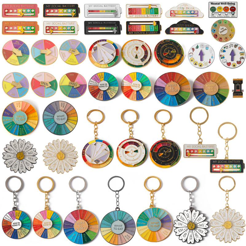 Rainbow Turntable Brooch Adjustable Expression Emotional Management My Social Power Badge Roulette Keychain Necklace