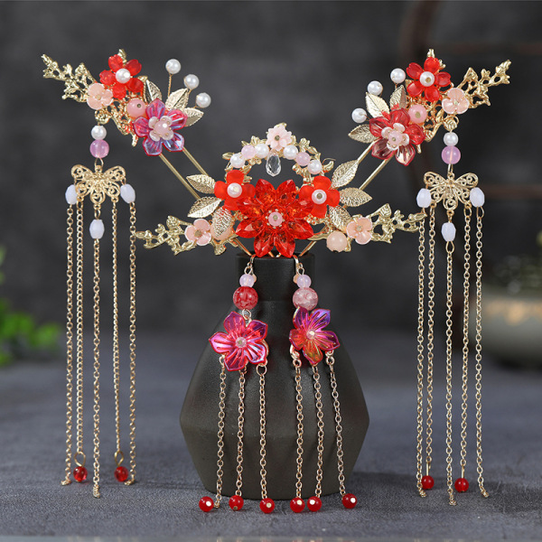 New Hanfu children's headdress tassel full set of red ancient style glass raccoon hair crown simple hair super fairy ancient costume step shake
