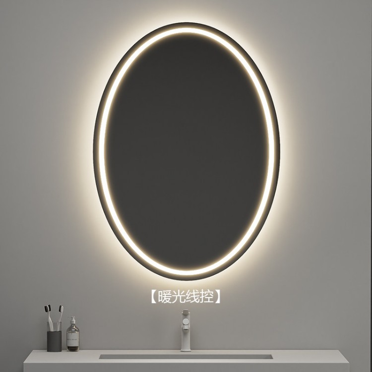 espejo inteligente elíptico de alta definición de forma especial espejo de maquillaje colgado en la pared con iluminación LED pantalla táctil anti-nebble espejo de baño