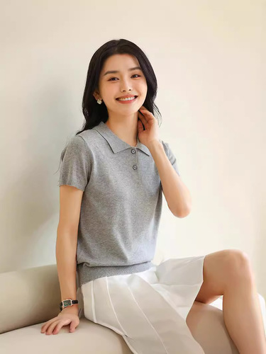 Spring and Summer New 100% Cotton Polo Neck Half Sleeve Women's Basic Simple Versatile Casual Underwear Knitted Vest T-Shirt 