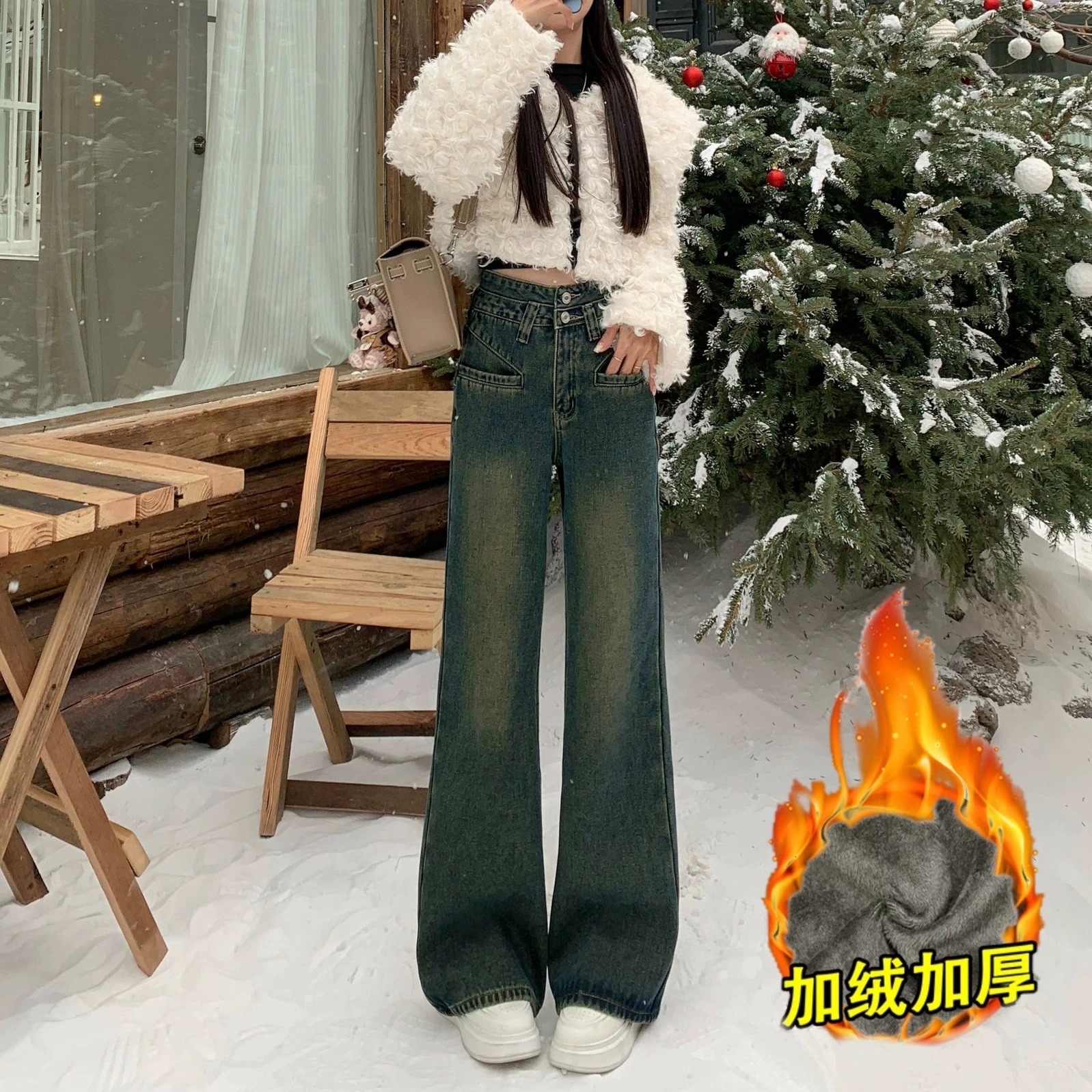 Зимние новые плюшевые толстые микро-ламы женские свободные джинсы с высокой талией и тонкими брюками