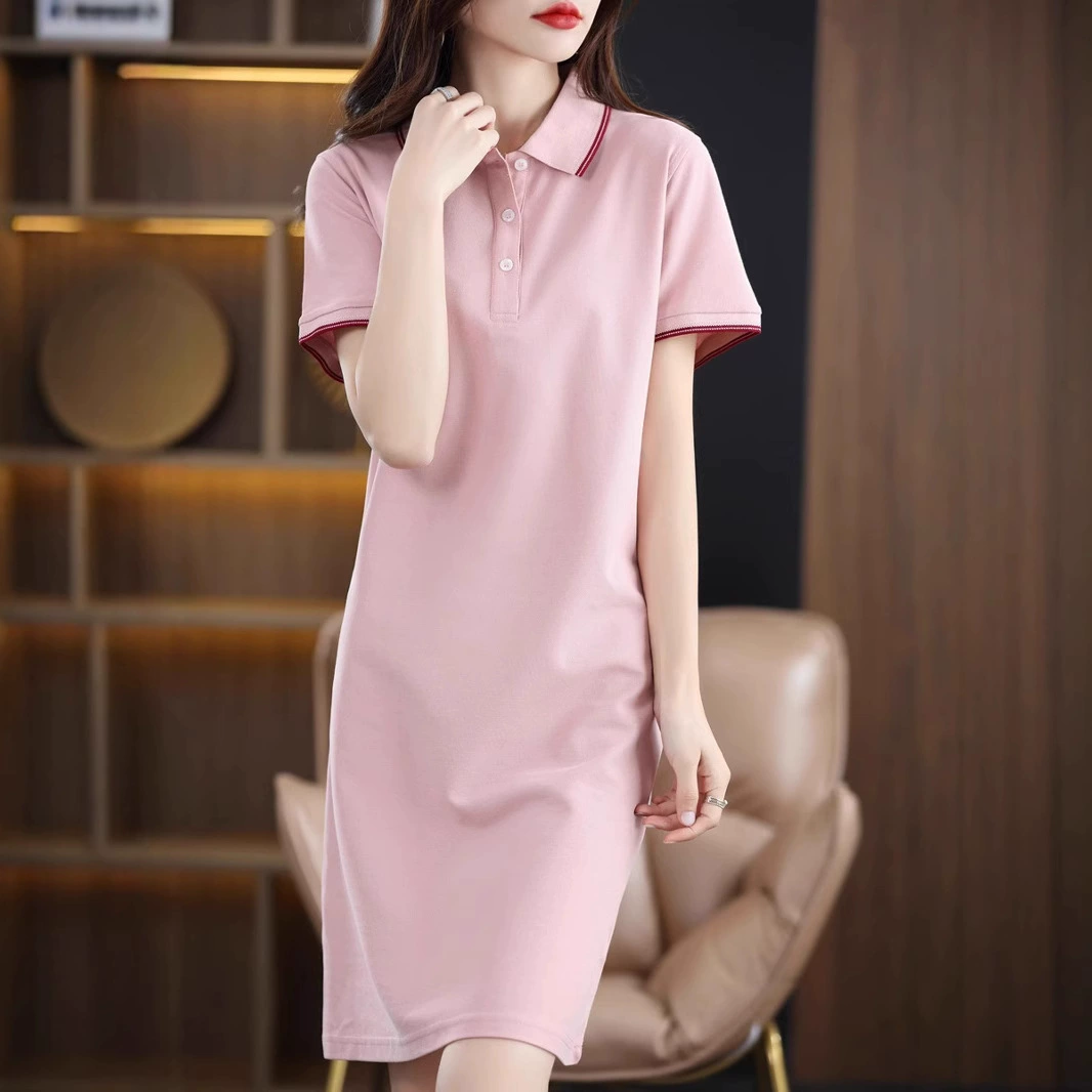 2025 лето новый стиль POLO воротник из хлопка с короткими рукавами средней длиной маленький человек A-образное платье женская повседневная футболка юбка женская повал