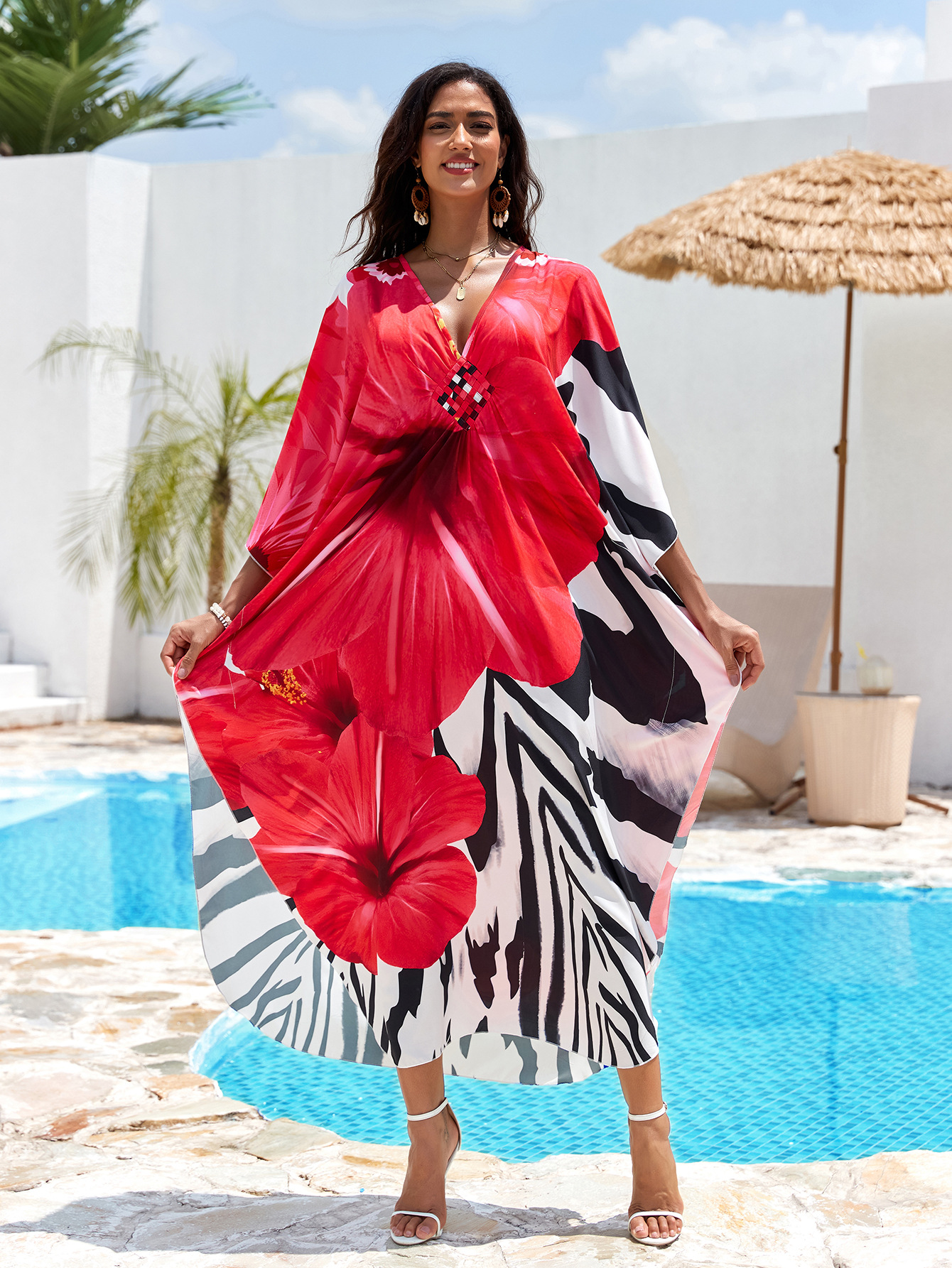 Nuevo posicionamiento de Europa y América impresa playa blusa tejida a mano V-collar vestido de vacaciones vestido largo 31 colores