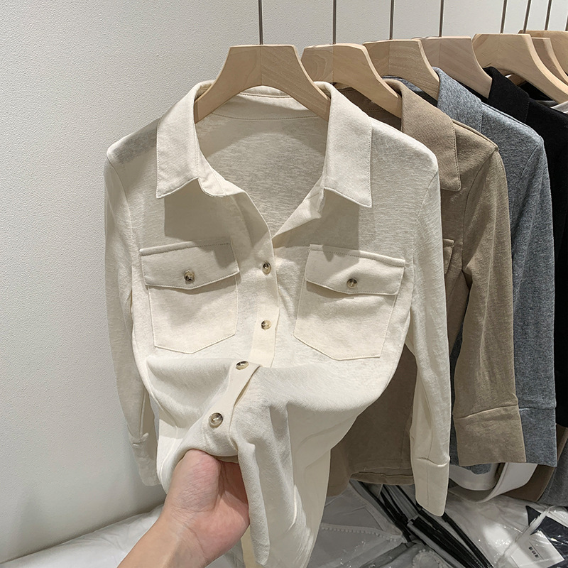 Snowflake Cotton Casual Workwear Pocket Lapel Long-Sleeve Shirt T-Shirt for Women Spring and Autumn 2026 New Polo Shirt Top Snowflake Cotton Casual Workwear Pocket Lapel Long-Sleeve Shirt T-Shirt for Women Spring and Autumn 2026 New Polo Shirt Top