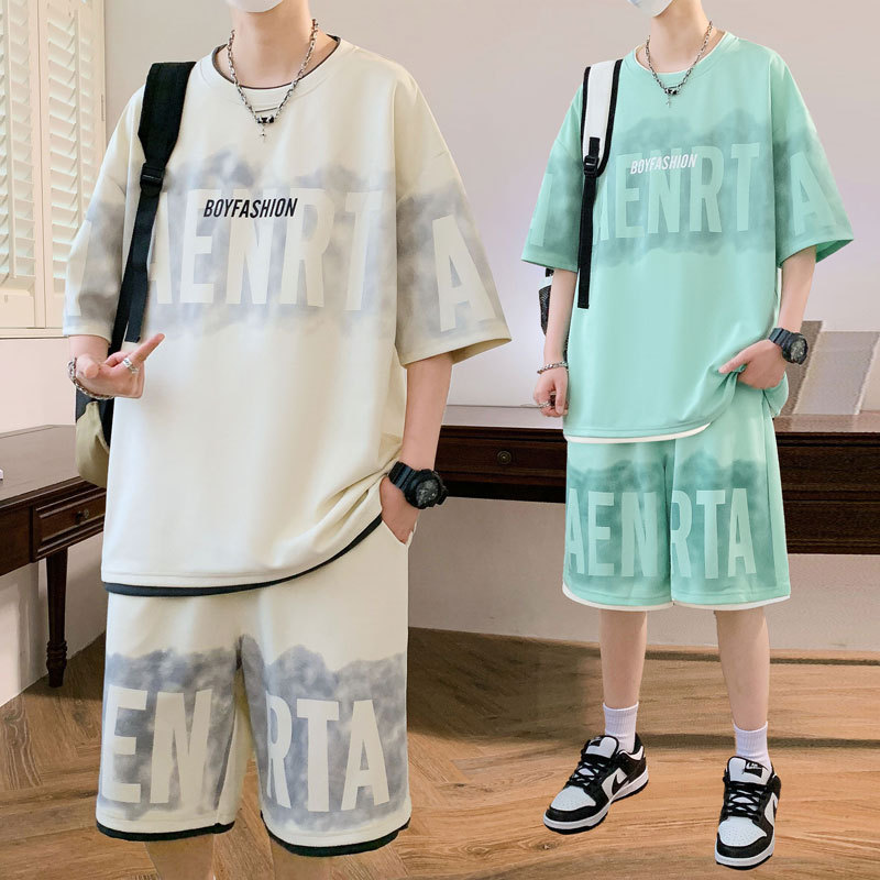 Summer Fake Two-piece suit Men's High-end Hong Kong Style Fashion Brand Handsome Youth Loose Leisure Sports Two-piece Set