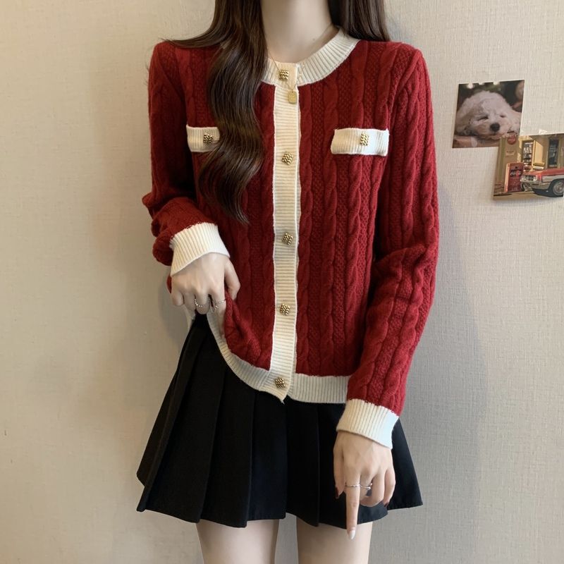 New Product Cardigan Jacket Women's Autumn and Winter Large Size New Product New Year's Red Christmas Red Slimming Look Twist Sweater Top