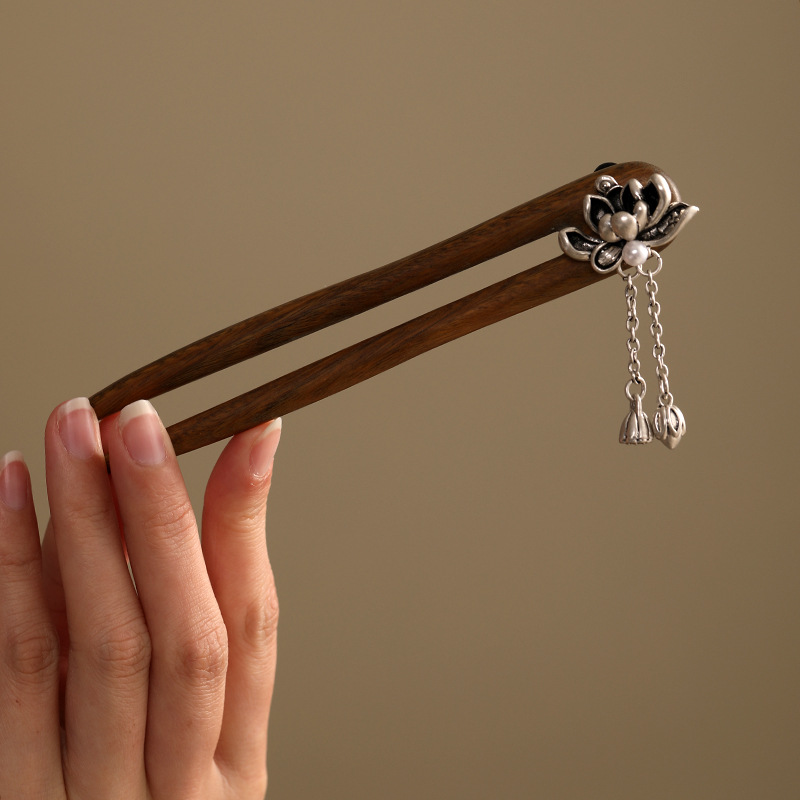 雙面綠檀蓮花木髮簪女古風漢服旗袍髮簪子新中式日常簡約髮飾品