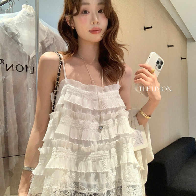 Lemon Green Tea Design Lace Patchwork Camisole for Women, Summer Ruffled Tiered Sleeveless Top