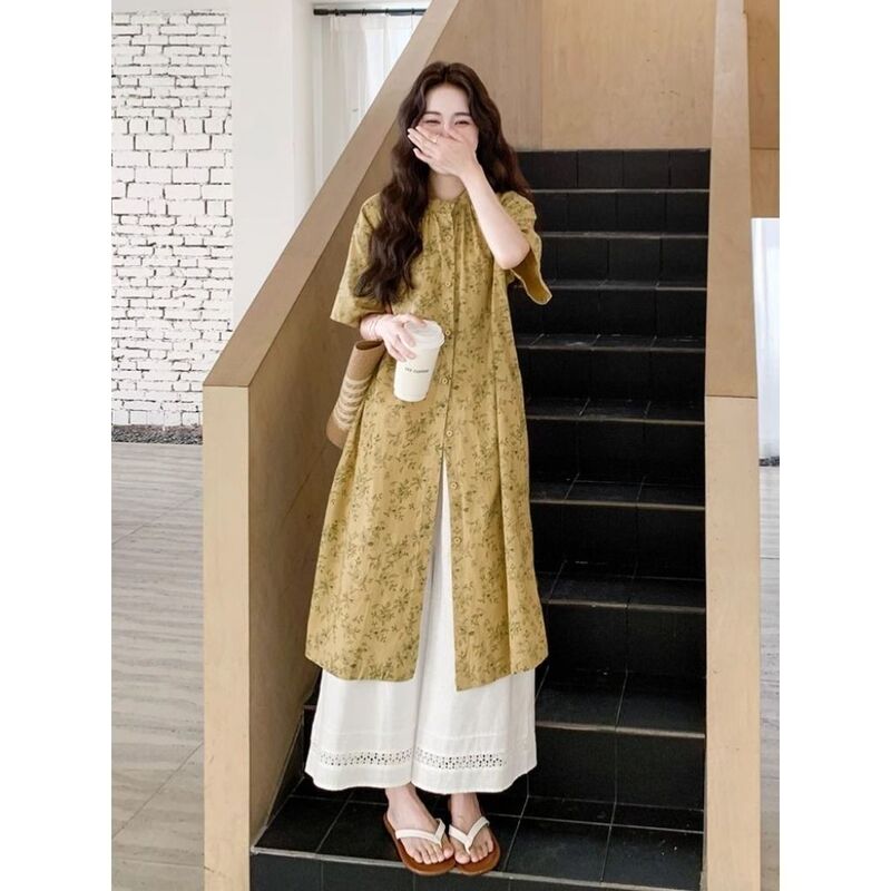 Plus Size New Chinese Floral Shirt Dress Suit Women's Summer New Lazy Style Wide Leg Pants Two-Piece Set