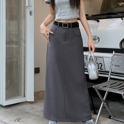 Split A-line suit skirt for women's summer new high-waist black slimming bag hip skirt medium and long gray skirt