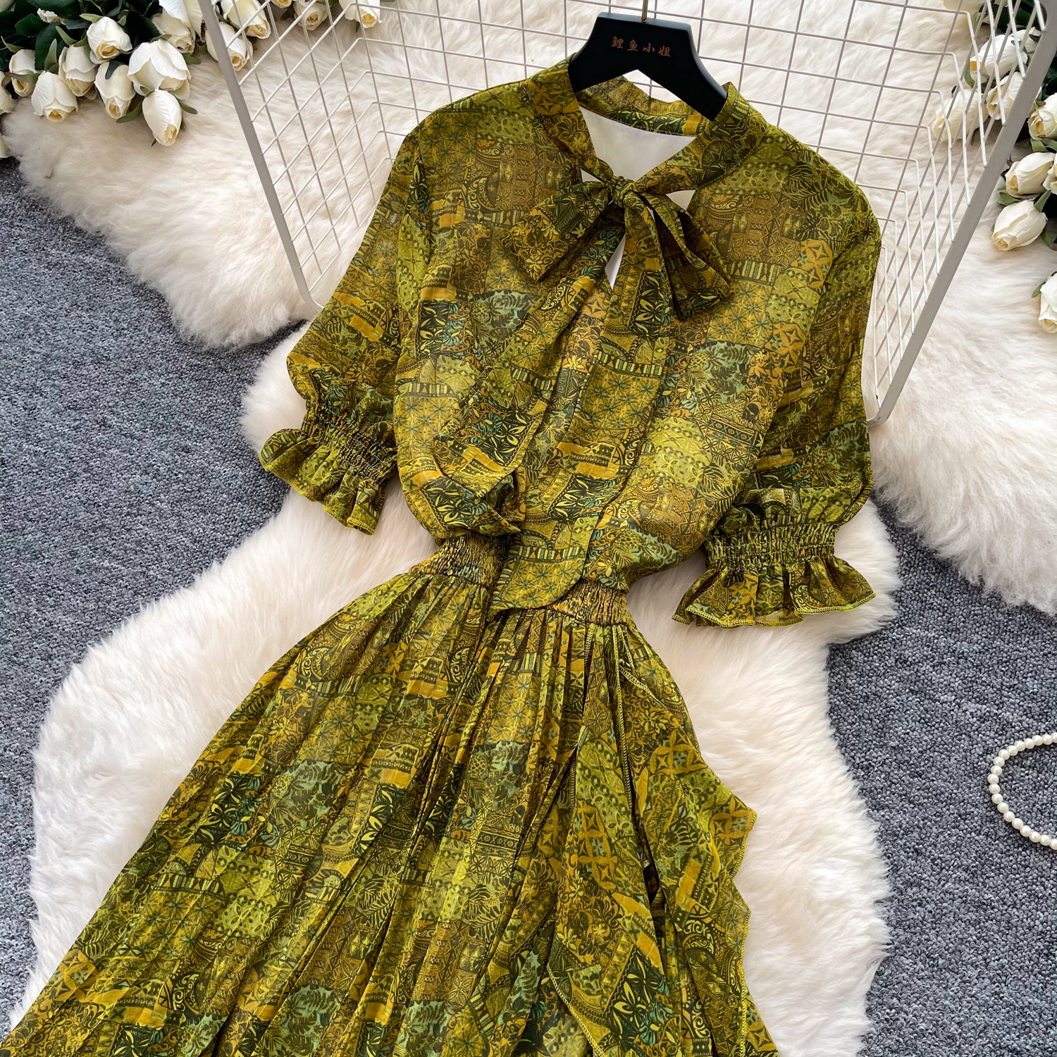 Retro Printed Dress Short Sleeved a Line Skirt Long Slimming Elegant Summer Women's Clothing_ecoleips.com