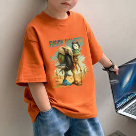 夏季新款纯棉T恤短袖鲨鱼大象轮胎印花2025男女童百搭中大童上衣