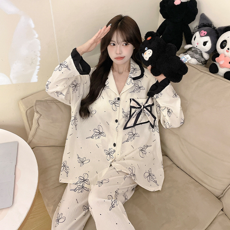 봄 가을 귀여운 달콤한 옷 양피스 세트 도매 가슴 패드 긴 소매 바지 여성용 잠옷