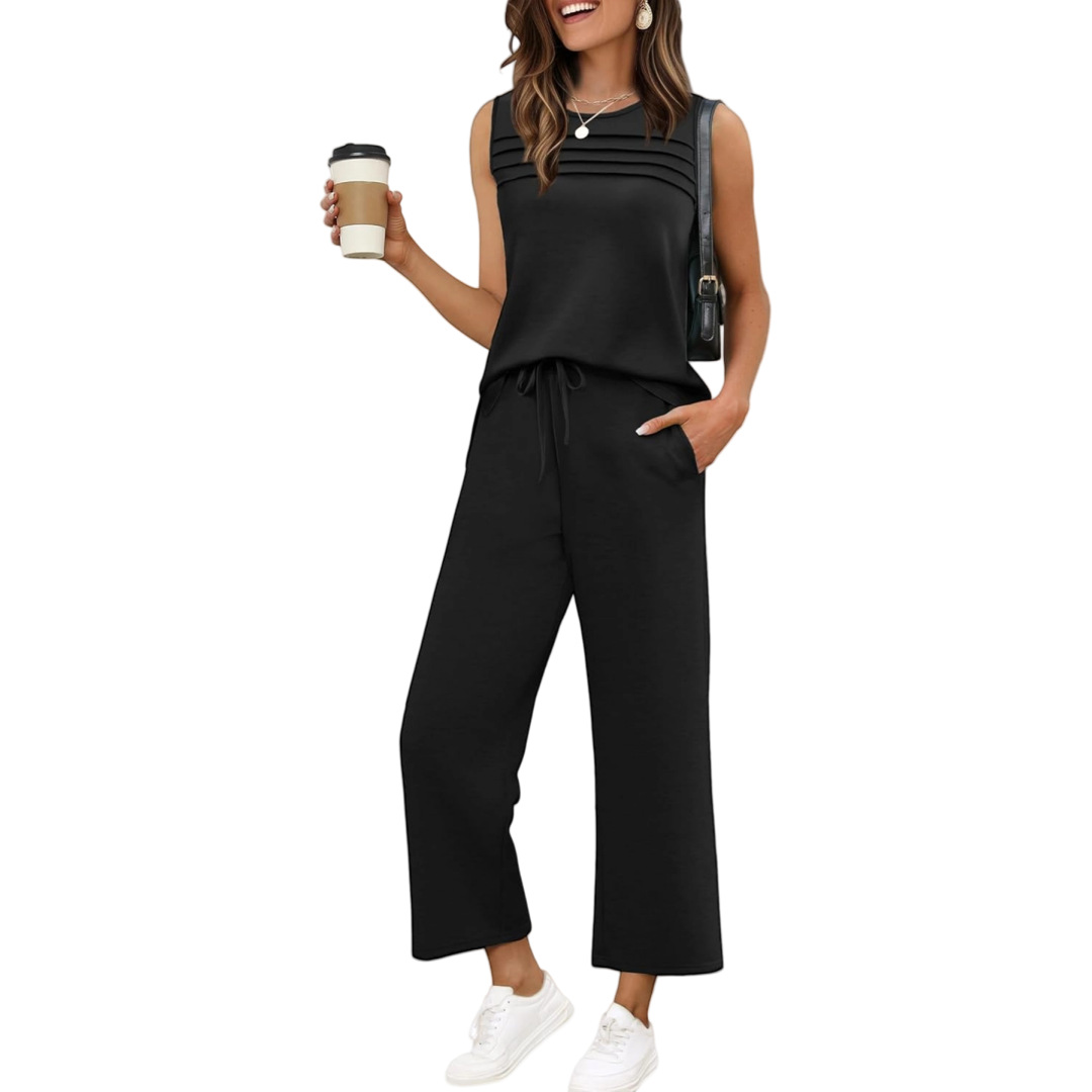 Sleeveless Hoodie & Pants Set For Women, Loose Fit Casual Jogger Outfit, Waffle Knit Cropped Top And Lounge Shorts Two Piece_ecoleips.com