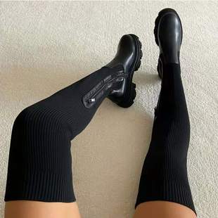 Fall/winter 2024 cross-border Europe and the United States thick-bottomed round head knitted stitching over-the-knee women's boots plus size elastic fly-woven wool boots
