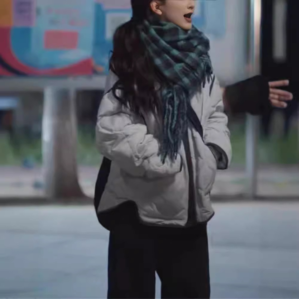 现货章若南悦同款跨境浅蓝色菱形格纹圆领开衫秋冬夹棉服外套女潮