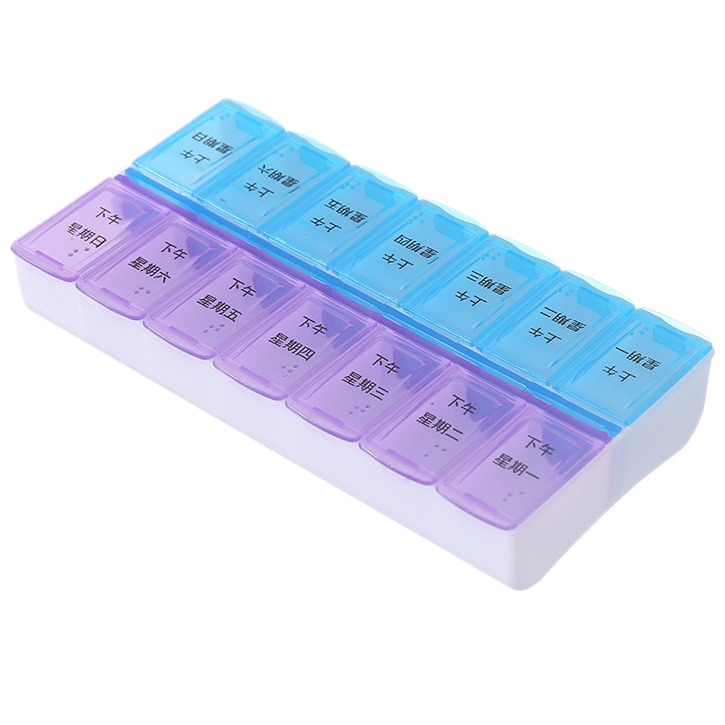 Caja portátil de doble capa de 14 celdas, paquete de paquete a prueba de polvo una semana, paquete de paquete de 14 celdas, caja de almacenamiento de tabletas de medicamentos