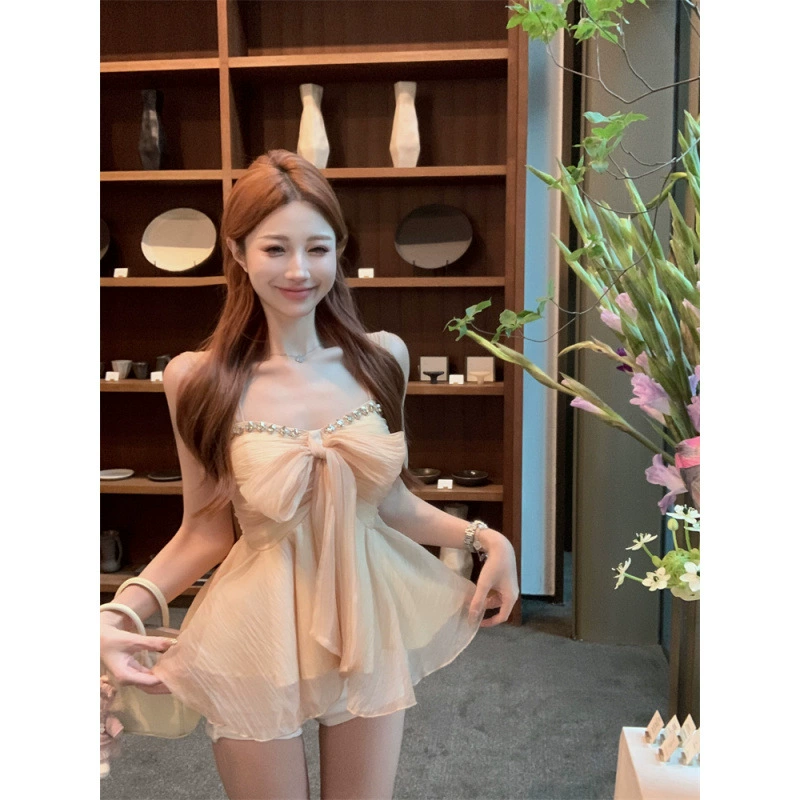 Прочный камзол со стразами для женщин летом, уникальный и красивый топ с французским нишевым бантом на талии для верхней одежды