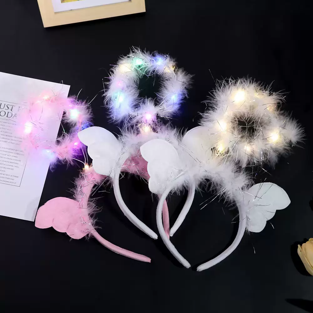 韩版发光毛绒头箍天使耳朵光环女闪光带灯网红夜市拍照发箍批发