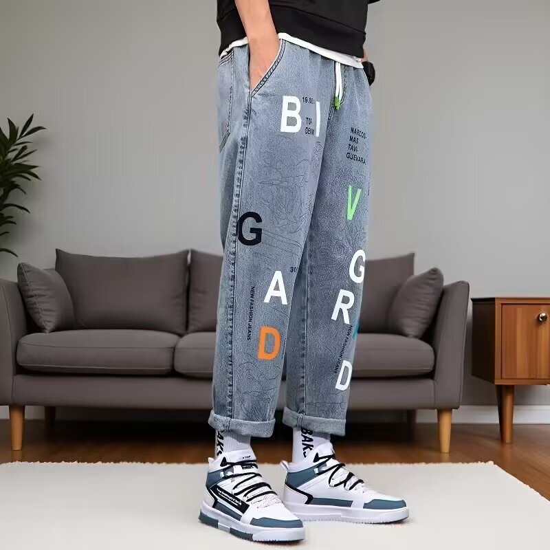 American-Style Men's Jeans with Cartoon Graffiti Print, Gradient Harem Casual Pants, New Autumn Hip-Hop Trendy Brand for Slim Fit