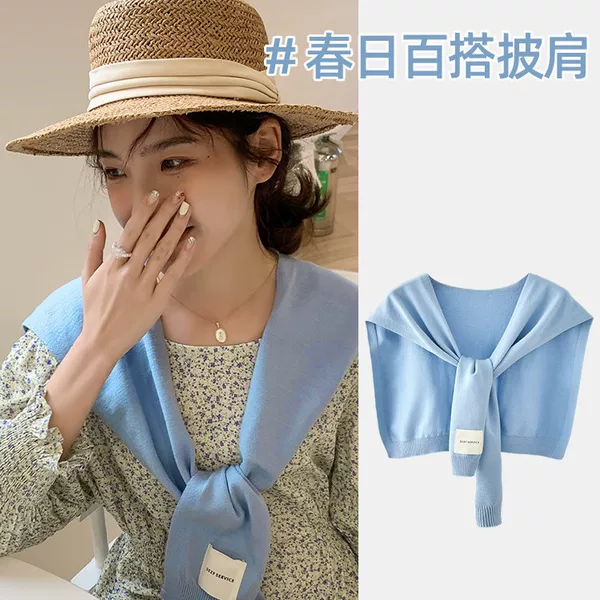 Knitted decorative shawl for women, suitable for summer, spring, and autumn, knotted over-the-shoulder, faux two-piece, neck protector for air-conditioned rooms