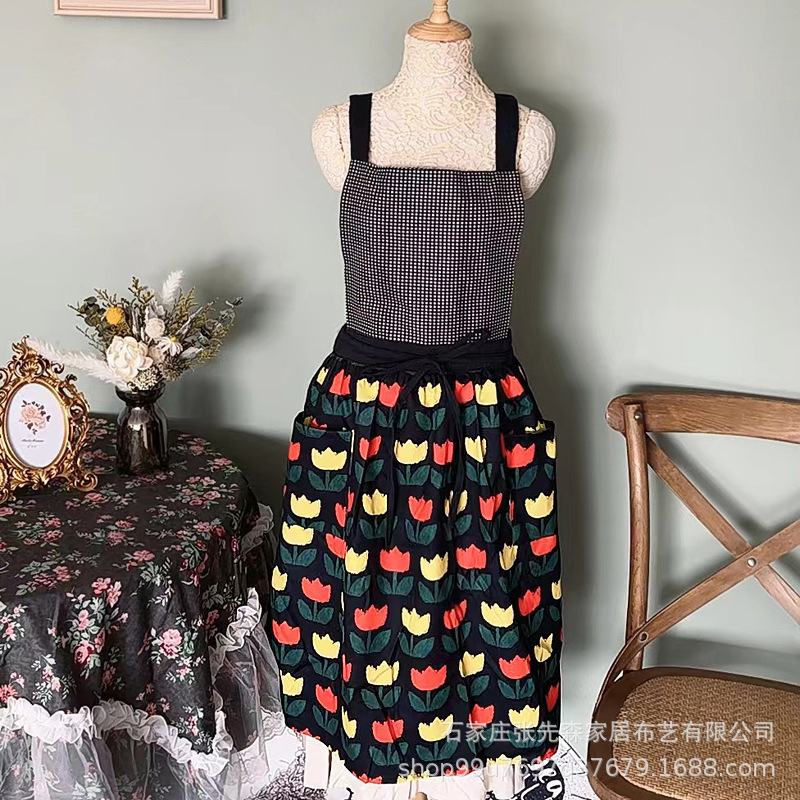 2022 New apron waterproof oil-proof western style cute dress work clothes floral apron adult coverall for women