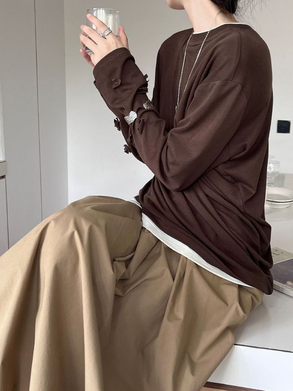 初打十三行2025秋季新款法式撞色立体花朵慵懒褶皱长袖T恤女TB904|undefined