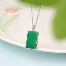 s925银绿玛瑙无事牌项链女批发简约平安无事牌吊坠长方形项坠厂货