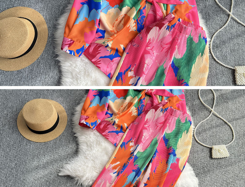 Women's Clothing Fashion suit women's casual loose long sleeved single breasted shirt two piece set high slimming tie dye printed wide leg pants_voghion.com