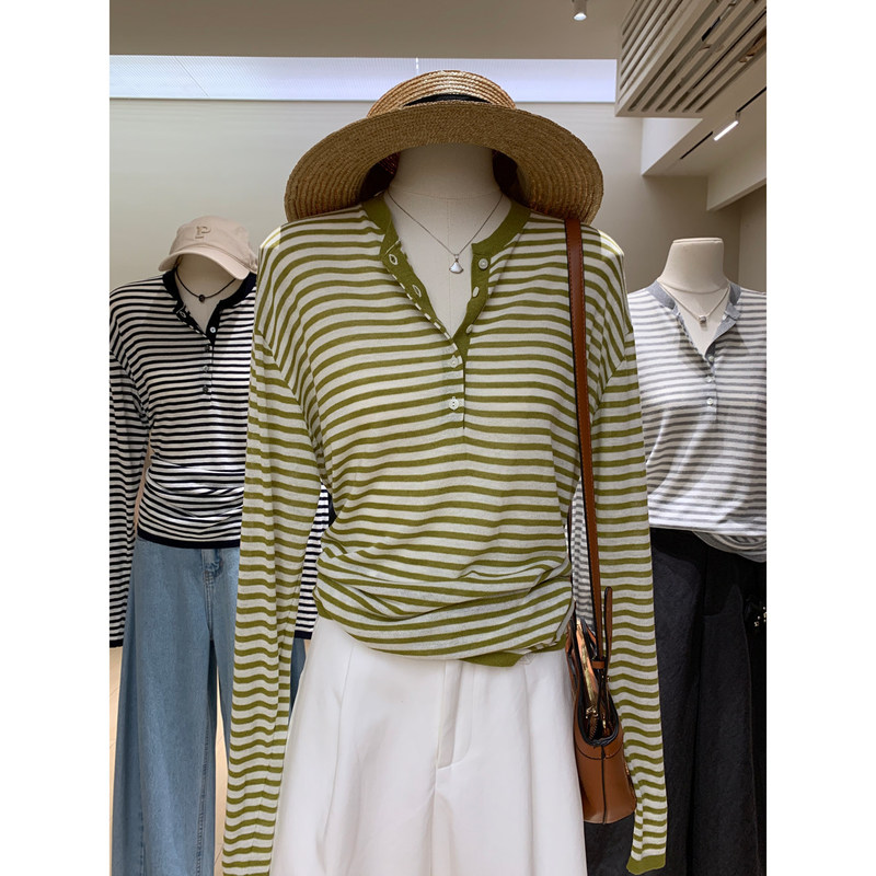 Fresh Striped Pattern Henry Collar Long-Sleeve Knit Shirt, Lightweight and Cool, Loose-Fitting Spring/Summer Cover-Up, Lazy Sun-Protective Top Fresh Striped Pattern Henry Collar Long-Sleeve Knit Shirt, Lightweight and Cool, Loose-Fitting Spring/Summer Cover-Up, Lazy Sun-Protective Top
