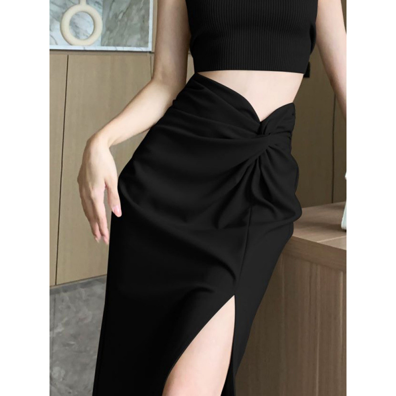 Black Split Suit Skirt Women's Summer Thin Design Pleated High Waist Mid-length Straight Hip Skirt