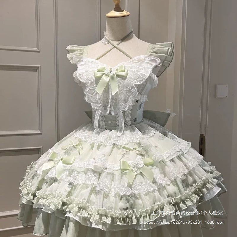 花の季節の約束白と緑の蝶サマーフェアリードレス小さな新鮮なプリンセスガール誕生日ショートスカートロリータ|undefined