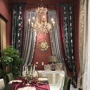 New Chinese Style Curtains, Classy Living Room, Luxury Embroider, Retro Classical Dark Green and Red American Bedroom, Classy Velvet Embroider