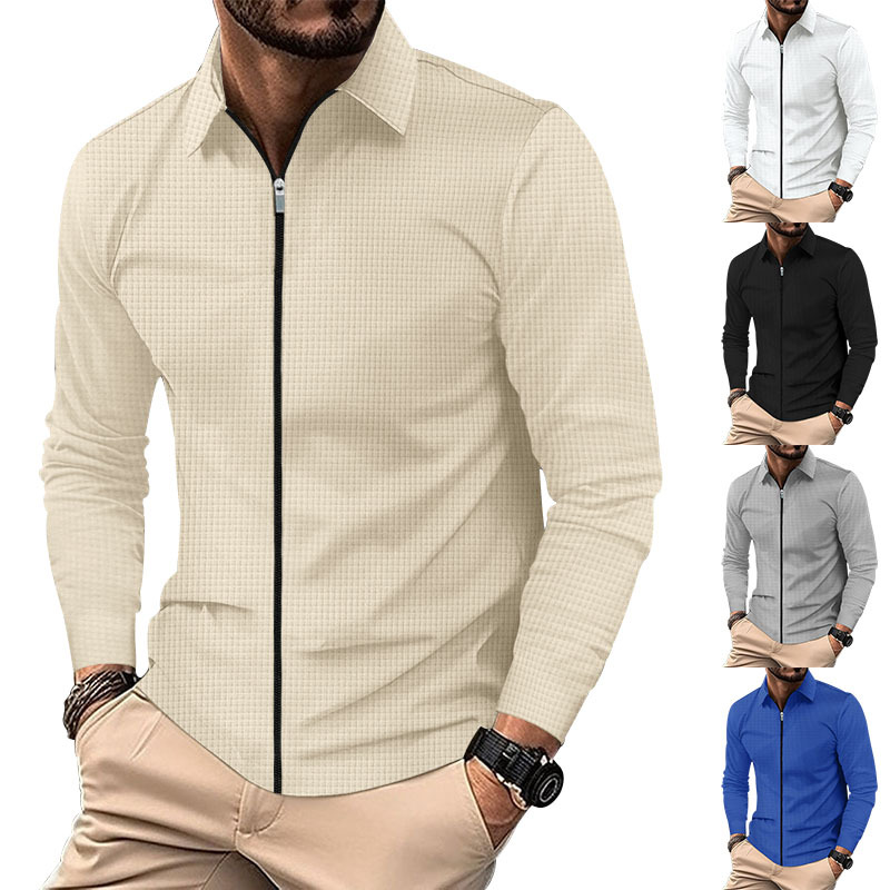Cross-border 2023 chaqueta cardigan Otoño de los hombres Nueva chaqueta de cremallera de los hombres ocasionales de manga larga chaqueta de la galleta de solapa