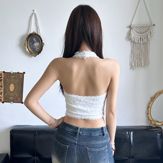 Sweet and Spicy Neck Camisole with Chest Pad Bow Camisole Lace V-Neck Pure Jacquard Slim-Fit Lace-Up Backless Top