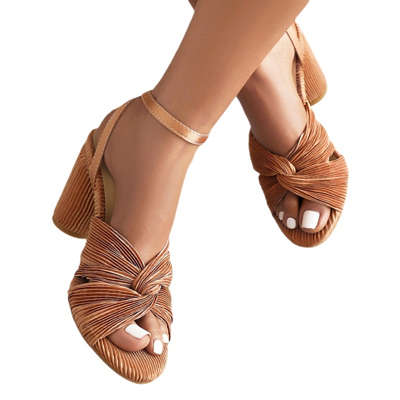 40-50 verano europeo y americano plisado lazo grueso tacón alto hebilla boca de pez sandalias de boda para mujer zapatos de vestir G879