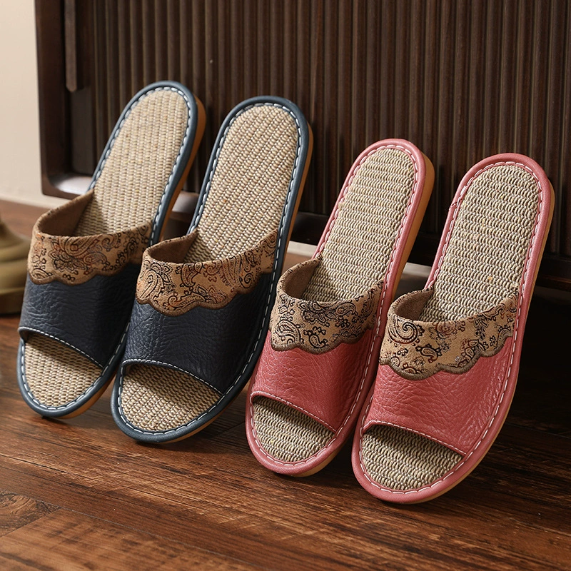 Весенне-осенние кожаные тапочки, женские домашние летние парные немые впитывающие пот домашние мужские сандалии с мягкой подошвой в европейском стиле, сандалии для пола и льна