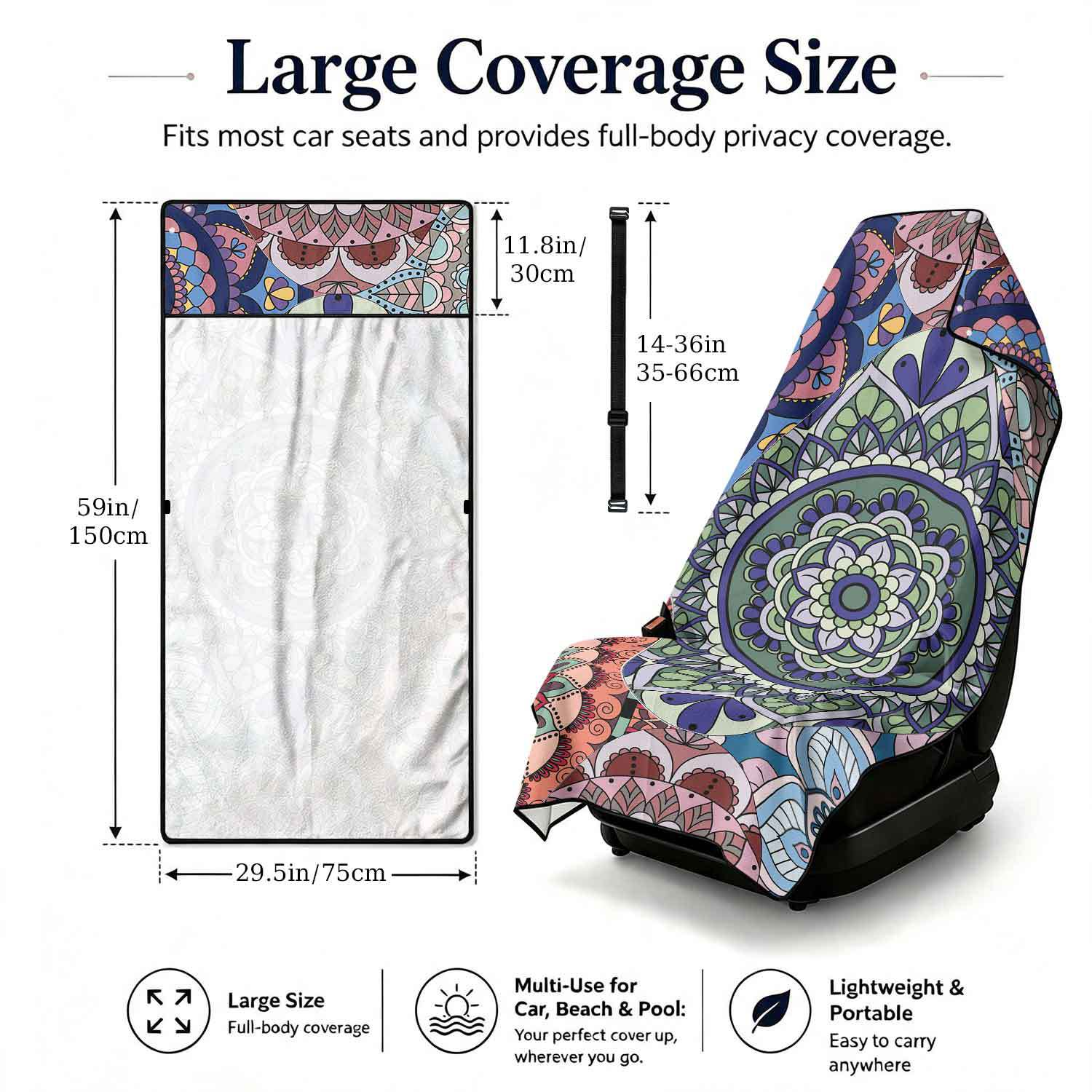 Printed bath towel and car seat cover 2-in-1, ultra-fine fiber outdoor beach and car dual-use universal seat cushion