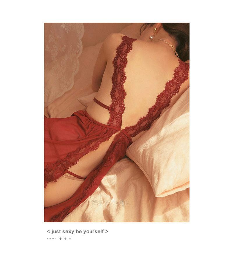 Wine-Red Lace Mesh Babydoll Nightgown with Short Skirt Design, See-Through Wholesale Lingerie — detail image 24