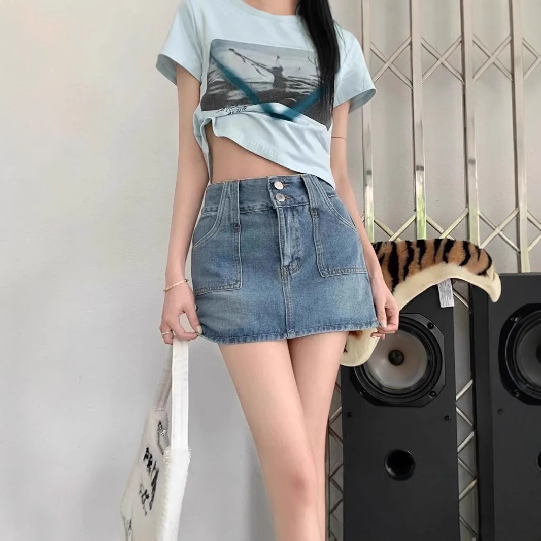 Denim skirt, women's summer style, short skirt, midi skirt, washed retro high-waisted slimming distressed hot girl new short skirt